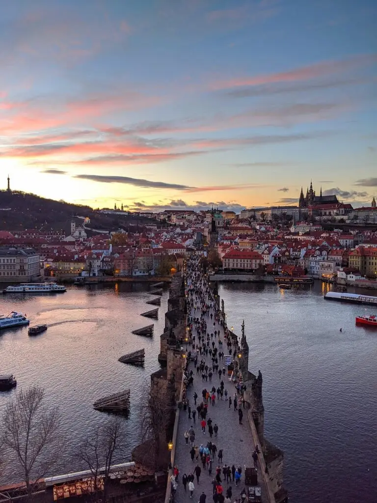prague, charles bridge, people, nature, bridge, city view, old city, tourists, tourism, sunset, europe, river